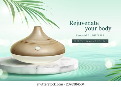 Zen style aroma diffuser or air humidifier ad template. 3d product mock up sitting on marble round podium in the middle of rippling water.