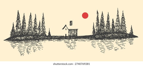 Zen style minimalist landscape vector. Cabin in pine forest with red sun and lake reflection. Scandinavian or japan illustration print for decoration, linocut.