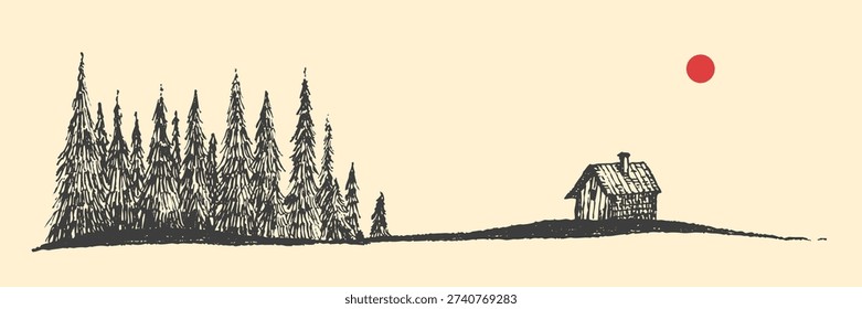 Zen style minimalist landscape vector. Cabin in pine forest with red sun alone island. Scandinavian or japan illustration print for decoration, linocut.