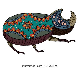 Zen tangle and doodle bug. Zentangle, zeendoodle beetle. Zenart insect. Coloring book arthropoda. Vector coleoptera