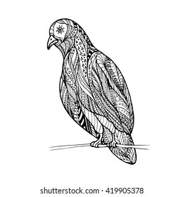 Zen tangle of dove sitting on a branch, for adult anti stress Coloring Page with high details isolated on white background, hand drawn illustration. Vector monochrome sketch.