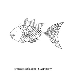  Zen tangle fish in decorative style handmade black on white for coloring page or relax coloring book. 