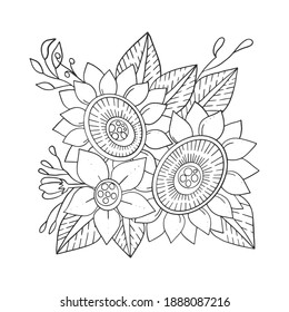 Zen tangle floral pattern, black lines on white background, antistress coloring. Hand drawn flower ornament. Vector illustration.
