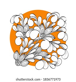 Zen maraña el patrón floral en círculo naranja, líneas negras sobre fondo blanco, colorante antiestrés. Ilustración dibujada a mano por vectores.