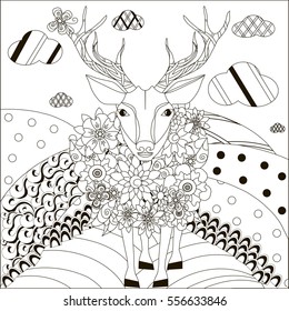 Zen tangle hand drawn black and white deer on hills, anti stress vector illustration