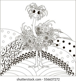 Zen tangle hand drawn black and white ostrich on hills, anti stress vector illustration