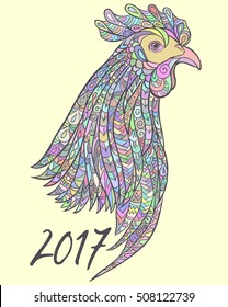 Zen tangle hand drawn colored rooster. Decorative zen doodle rooster, symbol of Chinese New Year 2017. Line art vector illustration.