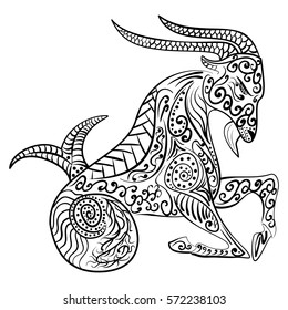 Zen tangle Hand-drawn zodiac capricorn with ethnic floral and geometric doodle pattern. Horoscope symbol vector illustration