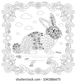 Zen tangle hare in flower frame monochrome sketch, coloring page antistress stock vector illustration for print, for coloring page