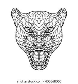 Zen tangle head of jaguar, for adult anti stress Coloring Page with high details isolated on white background, hand drawn illustration. Vector monochrome sketch.