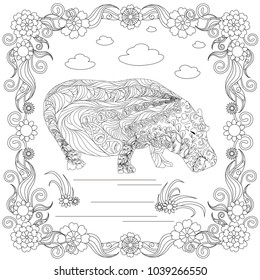 Zen tangle hippo in flower frame monochrome sketch, coloring page antistress stock vector illustration for print, for coloring page