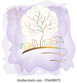 zen tangle landscape with tree, leaves and sun