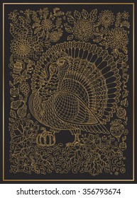 Zen tangle ornate bird, fantastic pumpkin flower. Golden contour thin line ornaments on a black background. Vector decorative fantasy stylized Thanksgiving turkey silhouette.T-shirt print. Batik paint