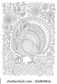 Zen tangle ornate bird, fantastic pumpkin flower. Thin line ornaments. Black and white.Vector decorative stylized turkey silhouette. Adults and children Coloring book page . T-shirt print.Batik paint