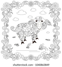 Zen tangle pig in flower frame monochrome sketch, coloring page antistress stock vector illustration for print, for coloring page