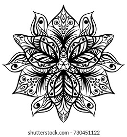 Zen tangle style floral illustration. Black outline flower tattoo sketch on white background.