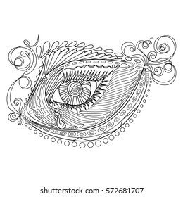 Zen tangle stylized abstract fish and eye, isolated on white background. Hand drawn sketch for adult anti stress coloring page, T-shirt emblem, logo, tattoo with doodle, zen tangle, floral elements.