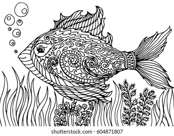 Zen tangle stylized abstract fish, isolated on white background. Hand drawn sketch for adult antistress coloring page, T-shirt emblem, logo, tattoo with doodle.