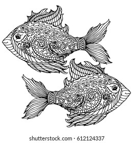 Zen tangle stylized abstract fish, isolated on white background. Hand drawn sketch for adult anti stress coloring page, T-shirt emblem, logo, tattoo with doodle, zen tangle, floral elements.