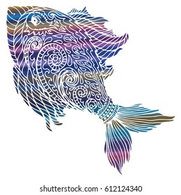 Zen tangle stylized abstract fish, isolated on white background. T-shirt emblem, logo, tattoo with doodle, zen tangle, floral elements.