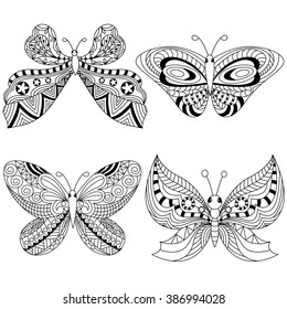 Zen tangle stylized black Butterfly coloring page for adult 
