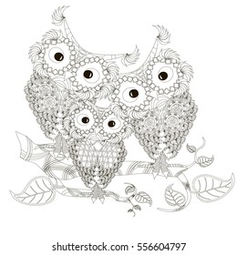 Zen tangle stylized black and white three owls sitting on the tree branches, hand drawn, vector illustration