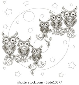 Zen tangle stylized black and white owls on branches, full moon, hand drawn coloring page stock vector illustration