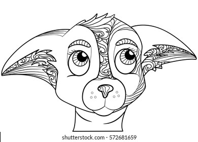 Zen tangle stylized doodle ornate vector of chihuahua dog head. Zen art drawing. Animal ethnic tribal ornament suits as tattoo, logo template, decorative print, adult coloring book sketch