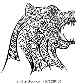 Zen tangle stylized doodle vector of bear head. Zen art ornament drawing. Illustration isolated on white.