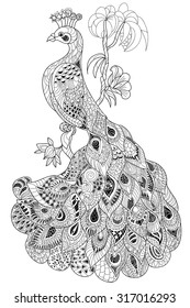 Zen tangle stylized peacock. Hand drawn boho doodle vector illustration. Sketch for tattoo or coloring. Bird collection.