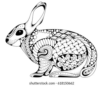 Zen tangle stylized rabbit. Hand Drawn vintage doodle vector illustration for Easter. Sketch for tattoo, animal collection. For adult anti stress coloring book pages.