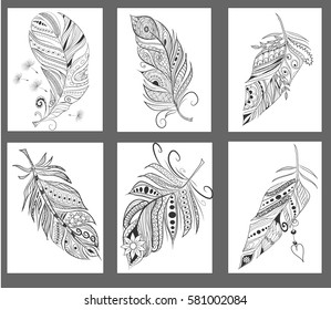 Zen tangle stylized various feathers for coloring page. Hand drawn vintage illustration for adult anti-stress coloring page on white background. Ethnic decorative elements.
