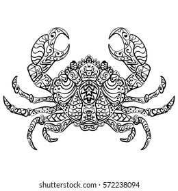 Zen tangle stylized vector illustration sea crab. Black and white drawing by hand. Ornamental crab. Line art.