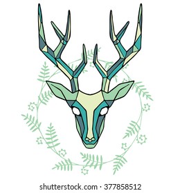 Zen tangle vintage stag illustration  Deer for tattoo print t  shirt in green and leaves