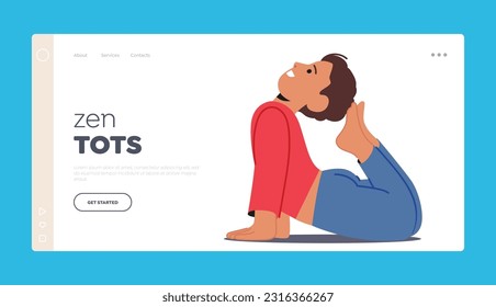 Zen Tots Landing Page Template. Child Character Peacefully Practicing Yoga, Stretching And Balancing Their Body, Cultivating Mindfulness, Strength, And Flexibility. Cartoon People Vector Illustration