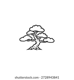 Zen Tree Emblem: Ein elegantes monochromes Emblem eines sorgfältig gearbeiteten Baumes, ein Symbol der Ruhe und Ausgeglichenheit, vor dem Hintergrund des Minimalismus.