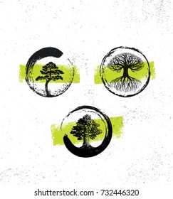 Zen Tree Wellness Holistic Retreat Aesthetic Practice Sign Concept. Rough Organic Illustration On Textured Background