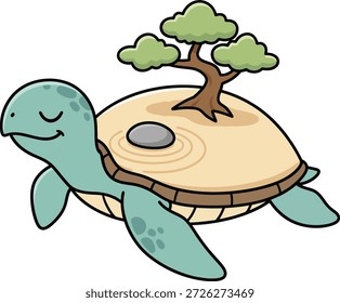 Zen Turtle Vector | Mascota Mindfulness con Árbol de Bonsái y Jardín de Rock | Sticker Design
