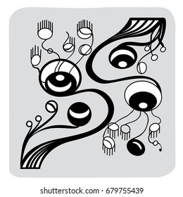 Zenart, abstract. Vector illustration drawn by the fantastic objects created from black-and-white lines and spherical objects.
