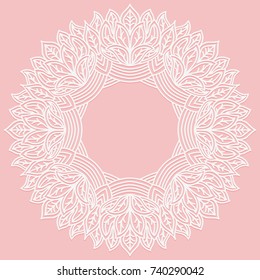 Zenart round frame with pattern from leaves. Lace carved figure on pink background. Pattern suitable for laser cutting, plotter cutting or printing. Vector illustration