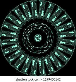 zenart style drawing, pattern inscribed in a circle, black and  turquoise plate