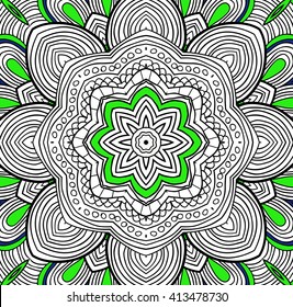 Zendala. Hand drawn doodle pattern with floral motif. Uncolored tracery with green elements. Can be used as adult coloring book. Sacred geometry. 