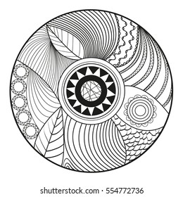 Zendala. Zentangle. Hand drawn circle mandala with abstract patterns on isolation background. Design for spiritual relaxation for adults. Line art creation. Black and white illustration for coloring.