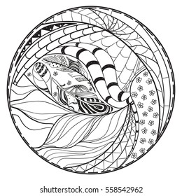 Zendala. Zentangle. Hand drawn circle mandala with abstract patterns on isolation background. Design for spiritual relaxation for adults. Line art creation. Black and white illustration for coloring.
