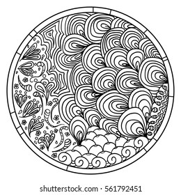 Zendala. Zentangle. Hand drawn circle mandala with abstract patterns on isolation background. Design for spiritual relaxation for adults. Line art creation. Black and white illustration for coloring.