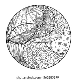 Zendala. Zentangle. Hand drawn circle mandala with abstract patterns on isolation background. Design for spiritual relaxation for adults. Line art creation. Black and white illustration for coloring.