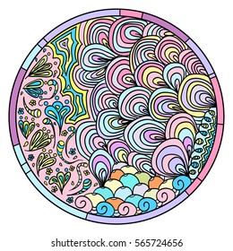 Zendala. Zentangle. Hand drawn circle mandala with abstract patterns on isolation background. Design for spiritual relaxation for adults. Line art creation.