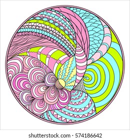 Zendala. Zentangle. Hand drawn circle mandala with abstract patterns on isolation background. Design for spiritual relaxation for adults. Line art creation.