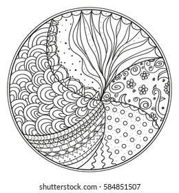 Zendala. Zentangle. Hand drawn circle mandala with abstract patterns on isolation background. Design for spiritual relaxation for adults. Line art creation. Black and white illustration for coloring.