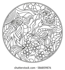 Zendala. Zentangle. Hand drawn circle mandala with abstract patterns on isolation background. Design for spiritual relaxation for adults. Line art creation. Black and white illustration for coloring.